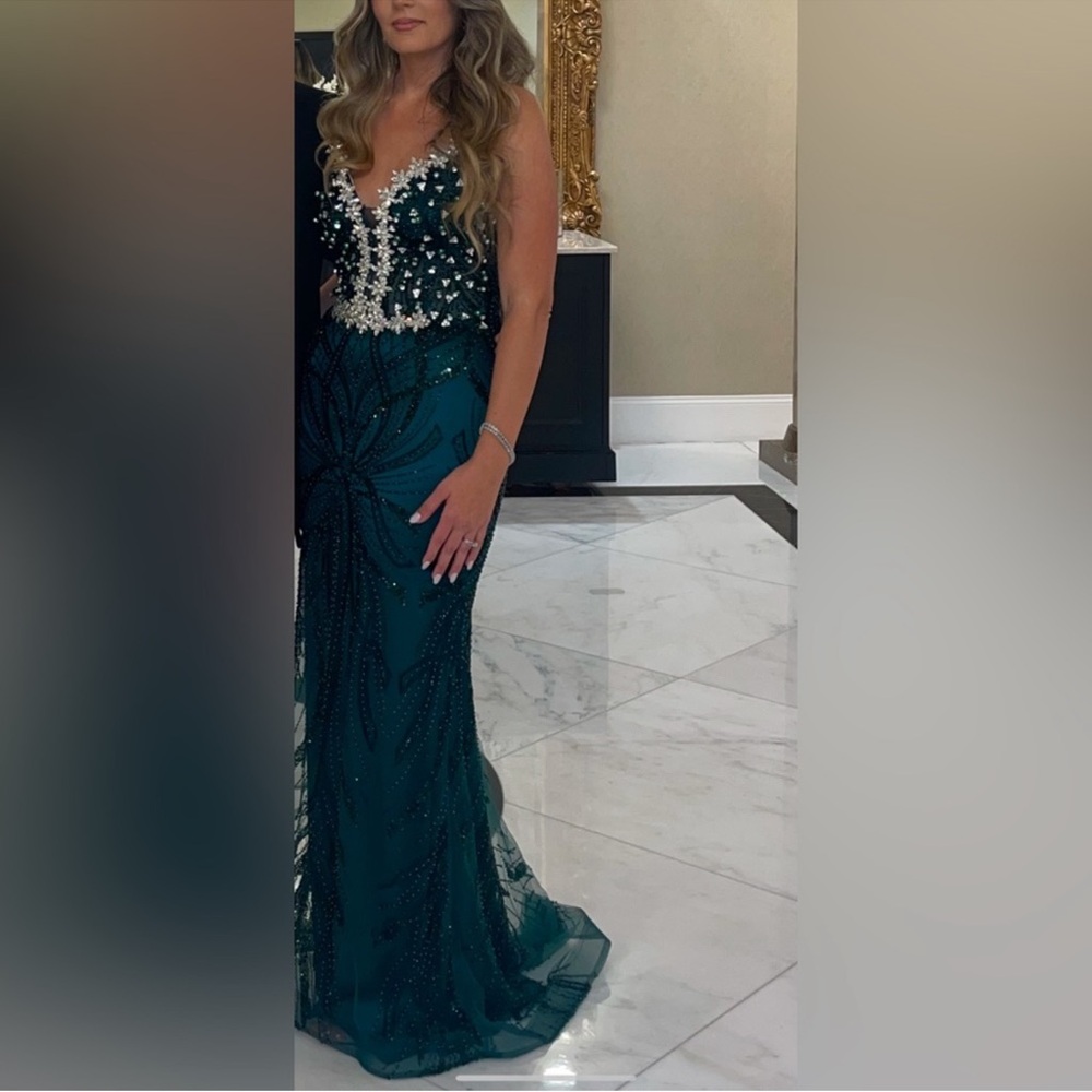 Emerald green beautiful custom made beaded dress size 4